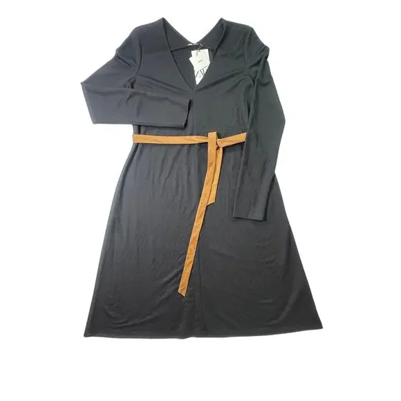 ZARA Black Long Sleeve Midi Dress with Camel Suede Belt NWT Size Small - Picture 2 of 12